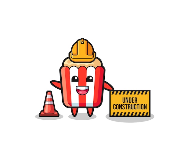 Illustration of popcorn with under construction banner cute design