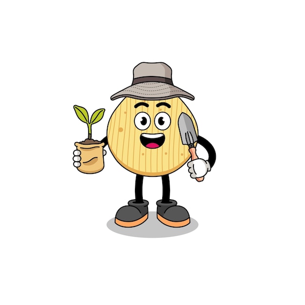 Illustration of potato chip cartoon holding a plant seed character design