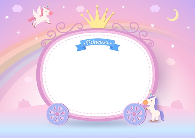 Illustration of princess cart frame with unicorns on pastel rainbow background.