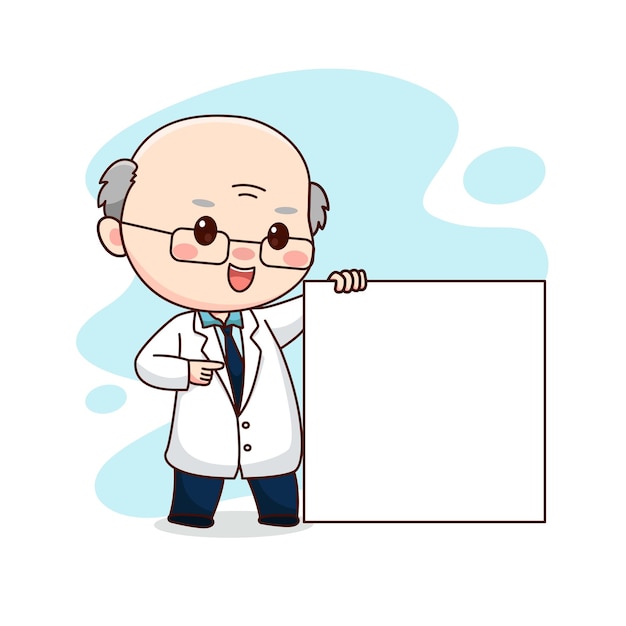 Illustration of professor or scientist holding blank board kawaii chibi cartoon character design