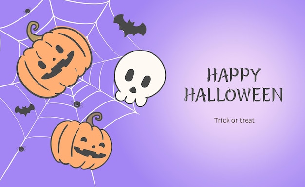 An illustration of a pumpkin and skeleton banner caught in a web on Halloween