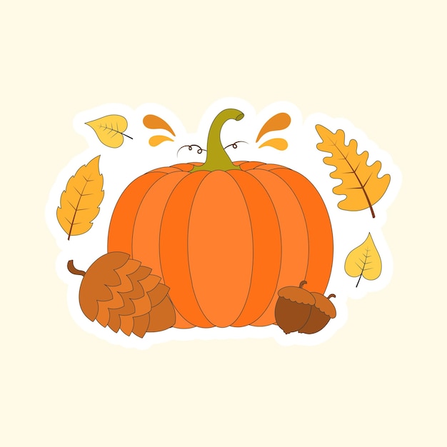 Illustration Of Pumpkin With Hop Acorns And Autumn Leaves On Cosmic Latte Background