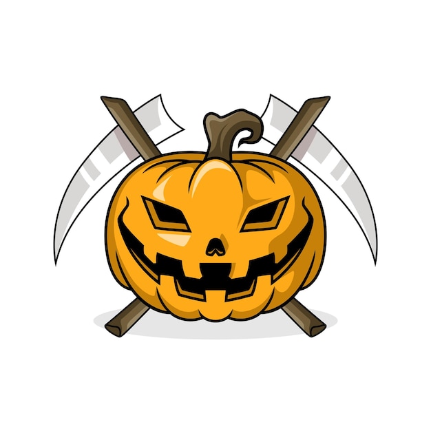 Illustration of a pumpkin with a scythe on the back