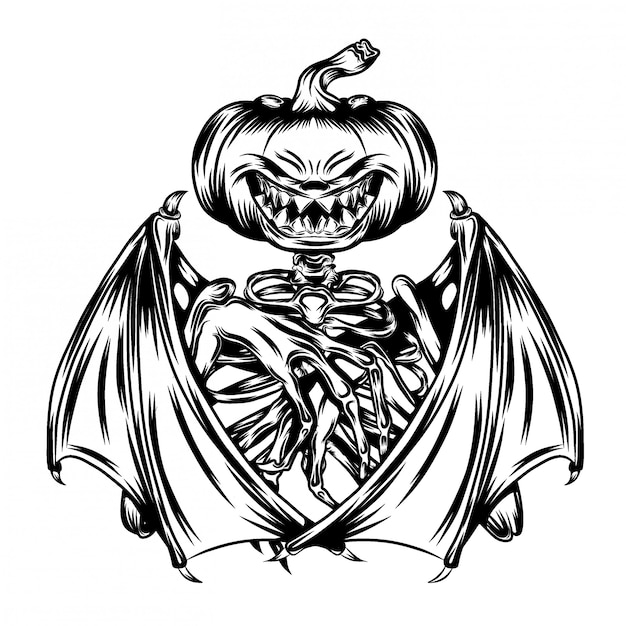 illustration of pumpkins with bat wings and skull