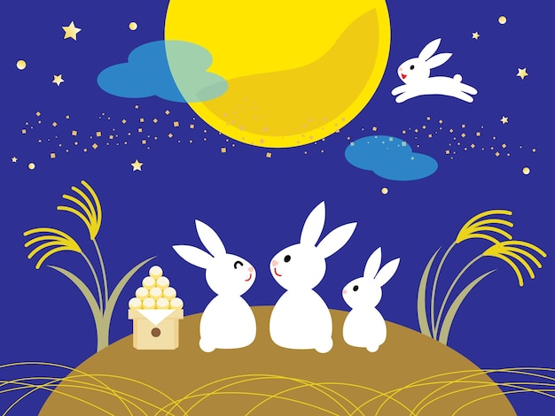 Illustration of Rabbits and dumpling and Japanese pampas grass of viewing the moon