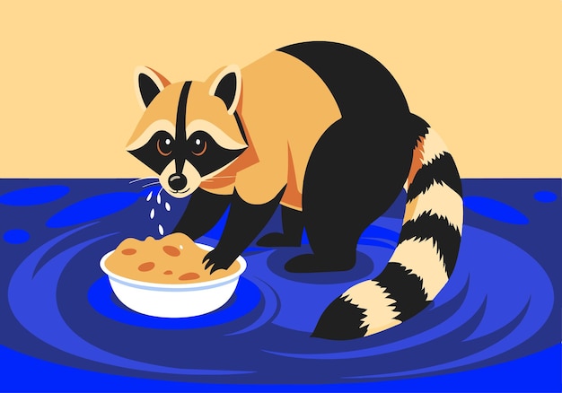 Vector illustration of raccoon washing food in water