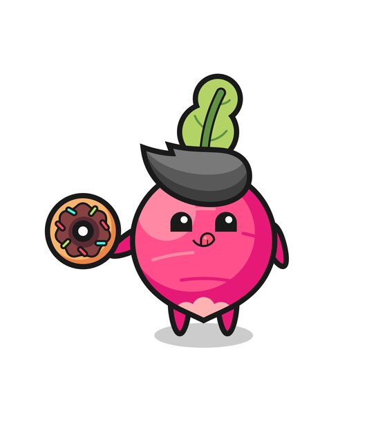 Illustration of an radish character eating a doughnut