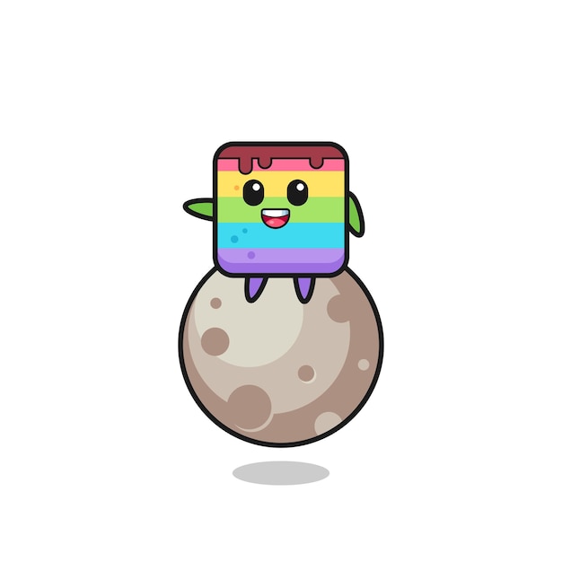 Illustration of rainbow cake cartoon sitting on the moon