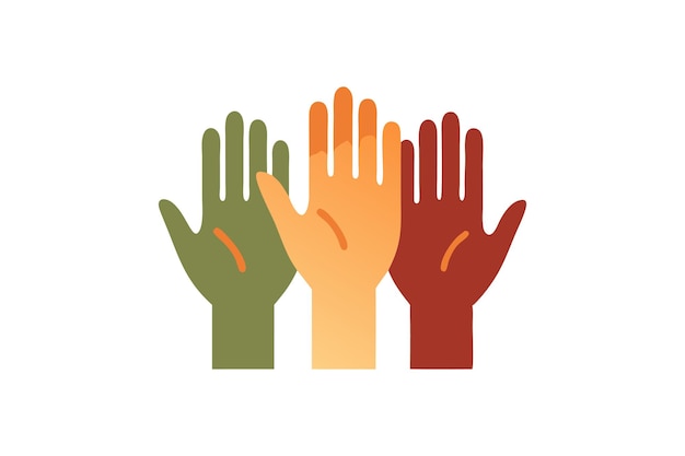 Vector illustration of raised hands in various skin tones symbolizing diversity unity and support