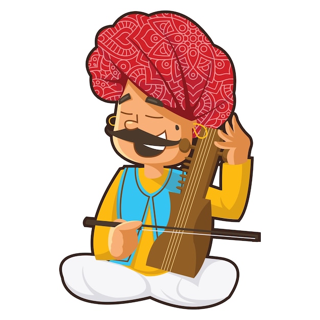 Illustration of rajasthani man playing sarangi instrument