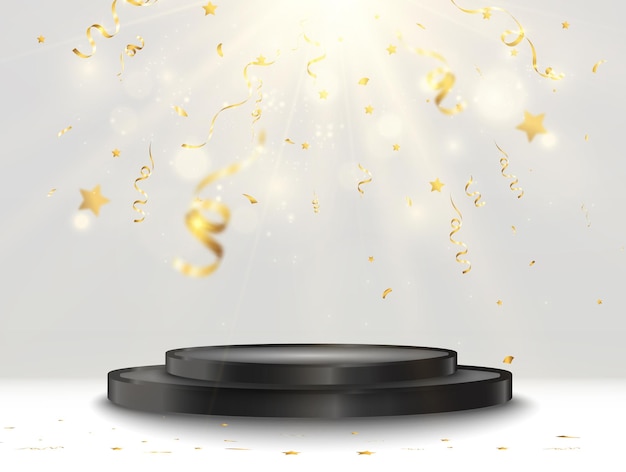 Illustration of a realistic podium with falling golden confetti.