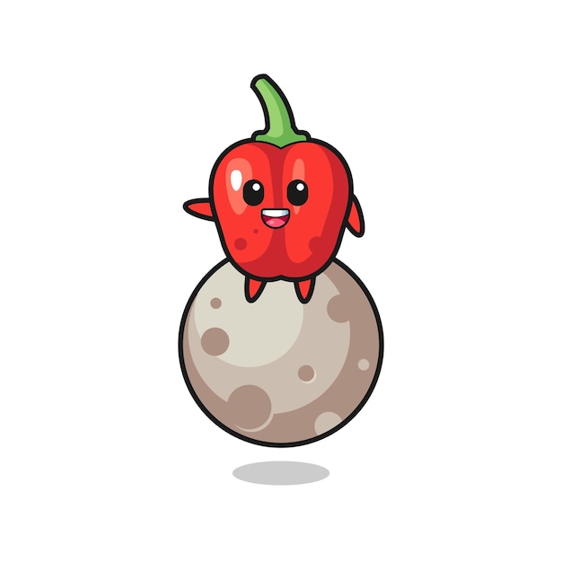 Vector illustration of red bell pepper cartoon sitting on the moon