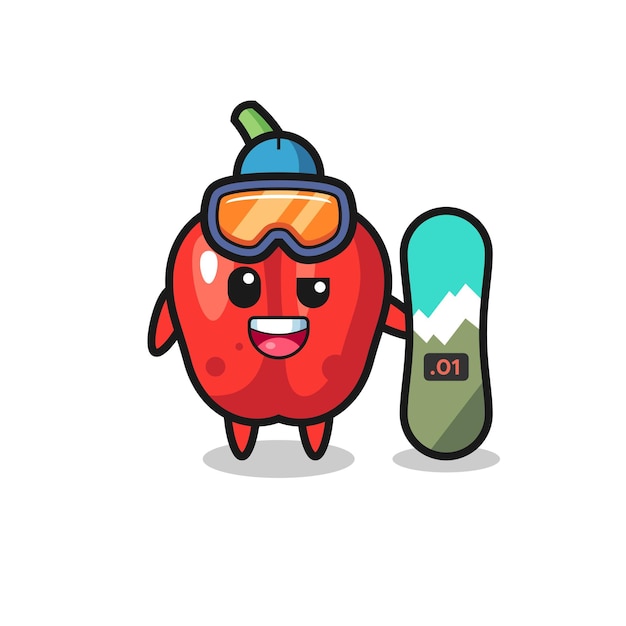 Illustration of red bell pepper character with snowboarding style