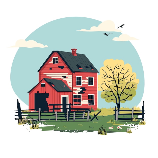 Vector illustration red farmhouse surrounded fence autumn tree flying birds countryside scene rustic