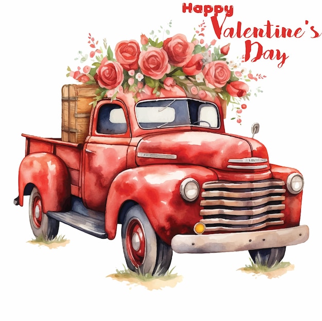 Vector illustration of a red pickup truck carrying flowers