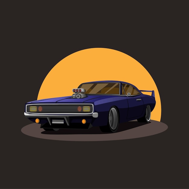 Illustration of Retro american muscle car supercharger turbo with sunset on background concept in cartoon 