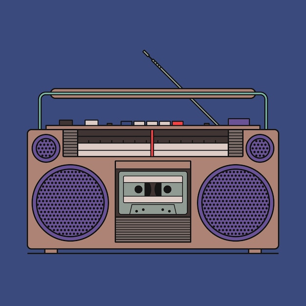 illustration of Retro cassette tape recorder isolated on blue background. Outline icon.