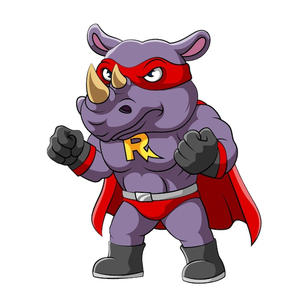 The illustration of the rhino with the serious face wearing superheroes costume