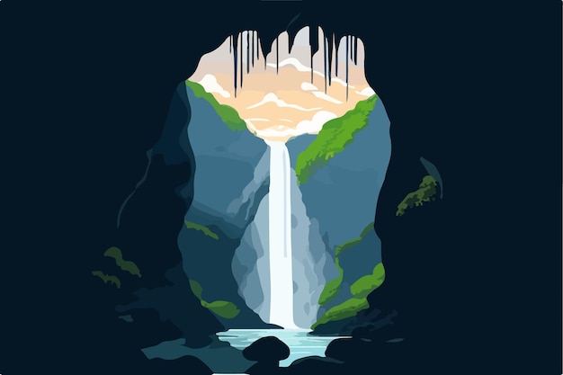 illustration of river with waterfall seen from a cave made to illustrate world water day