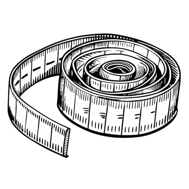 Vector illustration of a rolled measuring tape in black and white for tailoring and design