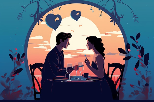 Vector illustration of romantic couple in love at dinner