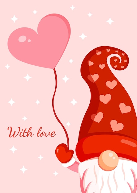 Illustration of a romantic gnome with an inflatable ball Scandinavian cute elf for valentines day