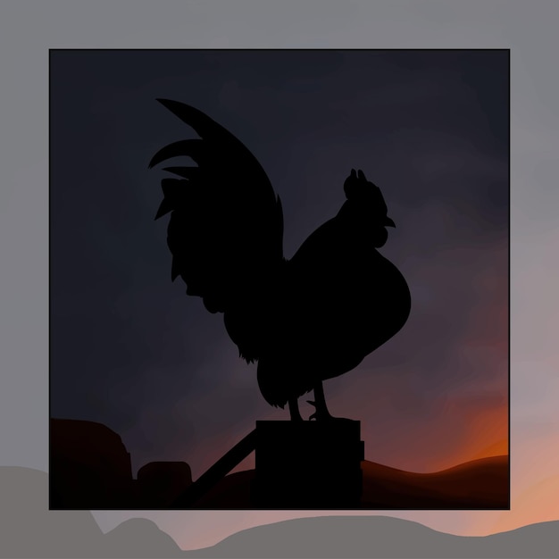 Vector illustration of a rooster silhouette with the rising sun behind it