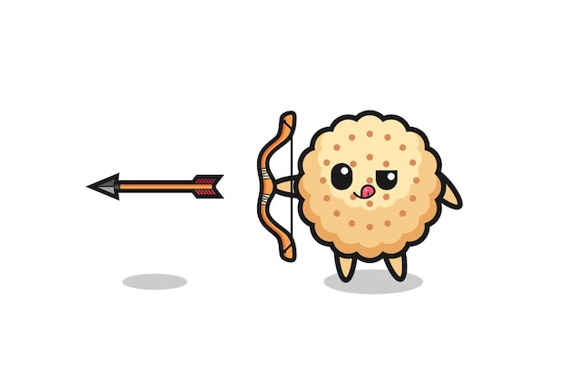 Illustration of round biscuits character doing archery cute design