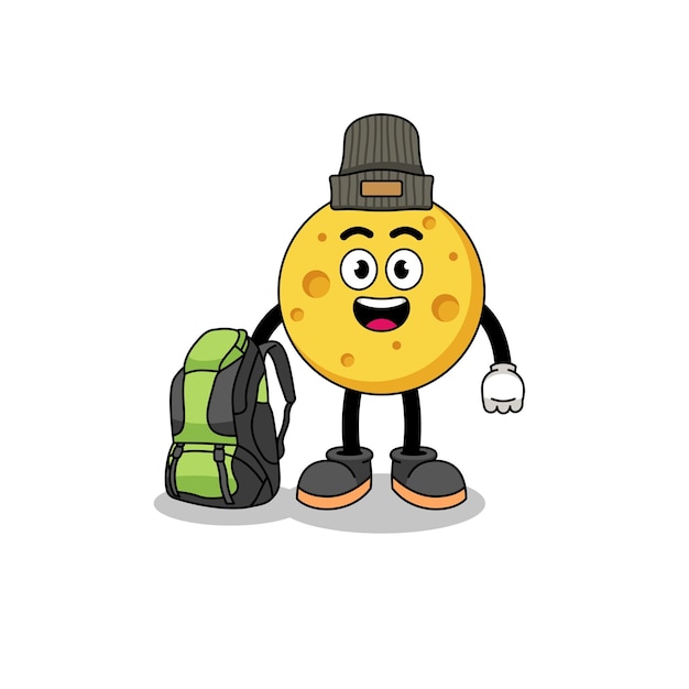 Illustration of round cheese mascot as a hiker