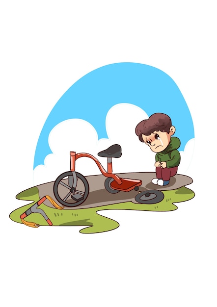 illustration of sad kid with broken tricycle