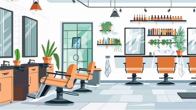 an illustration of a salon with a chair and a plant in the background