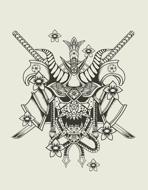 illustration samurai head monochrome style