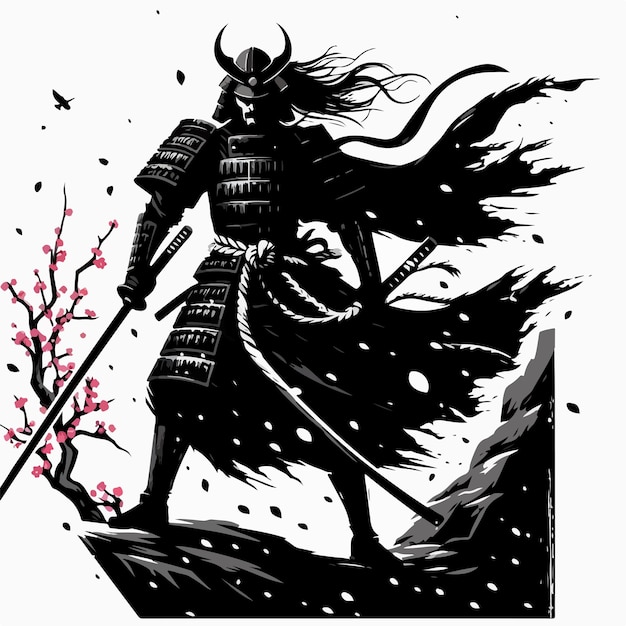 Vector illustration of a samurai holding a sword and wearing full armor