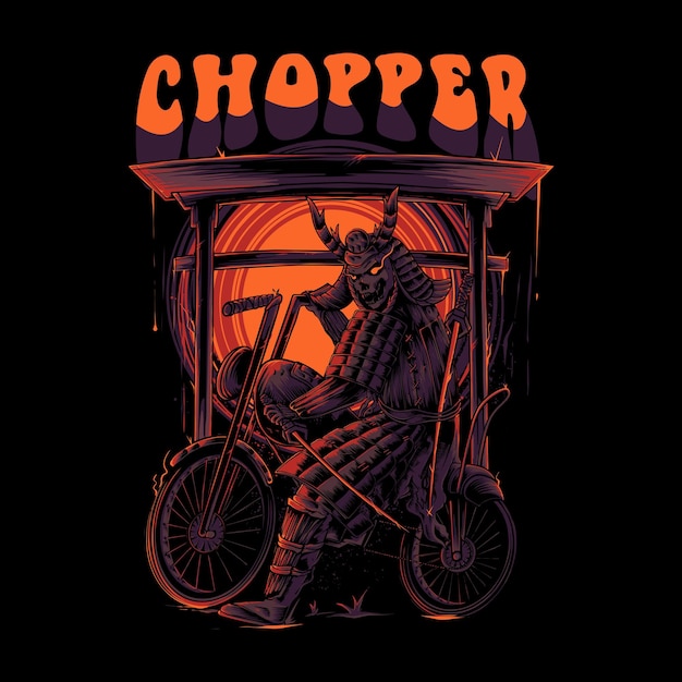 Illustration of a samurai with a chopper motorbike