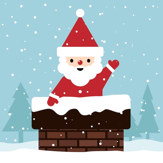 An illustration of Santa character greeting from a snowy chimney.