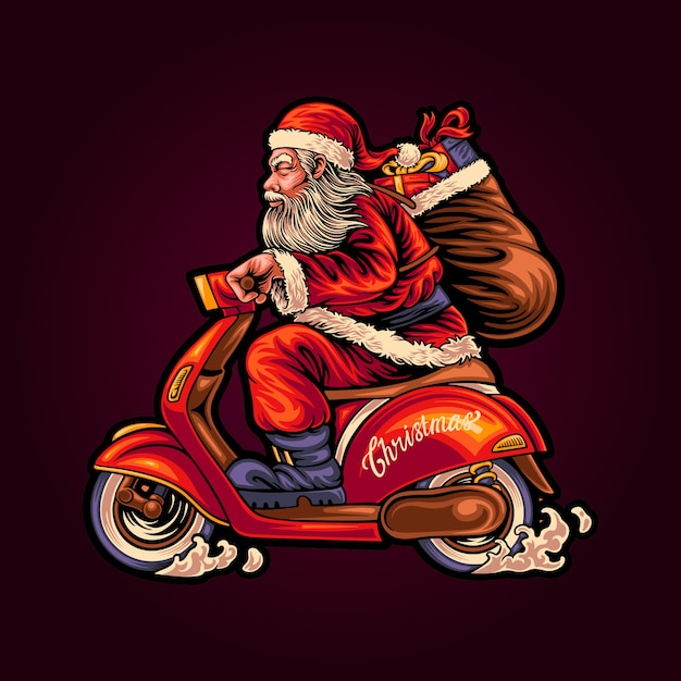 illustration santa delivers gifts on a retro scooter