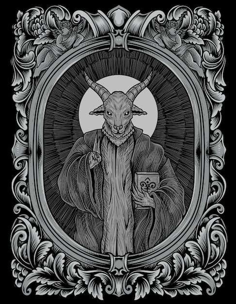 Illustration scary baphomet on engraving ornament