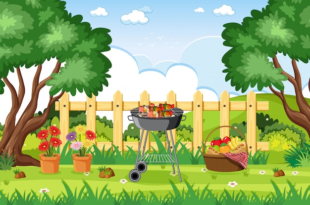 Illustration of scene with barbecue in the park