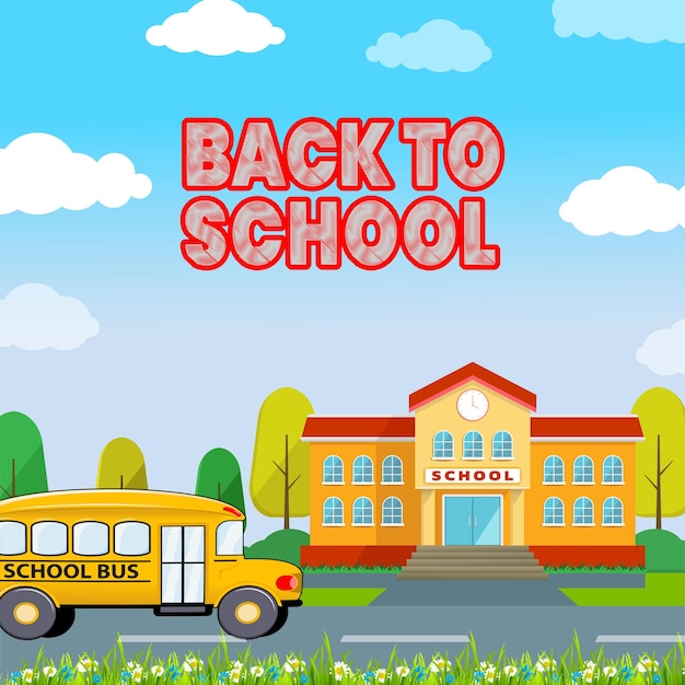 The illustration of the school building and school bus in front is perfect for back-to-school events