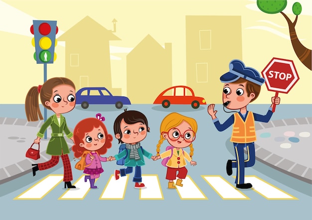 Illustration of school children crossing the street with help from crossing guard holding stop sign