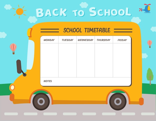 Vector illustration school timtable template design with school bus background.