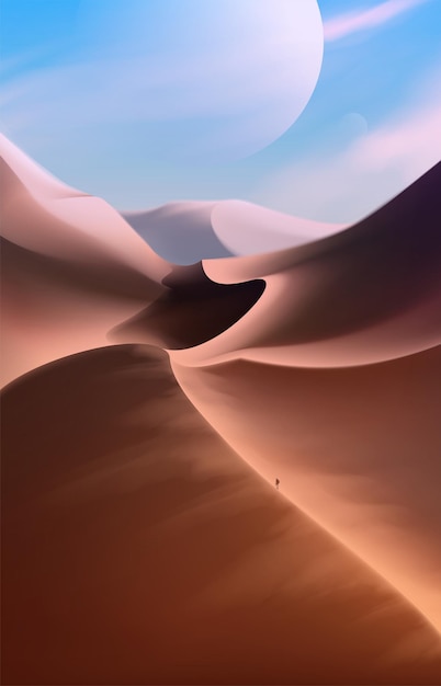 illustration of the science fiction scene of one human is walking in the desert on another planet somewhere else in the universe.