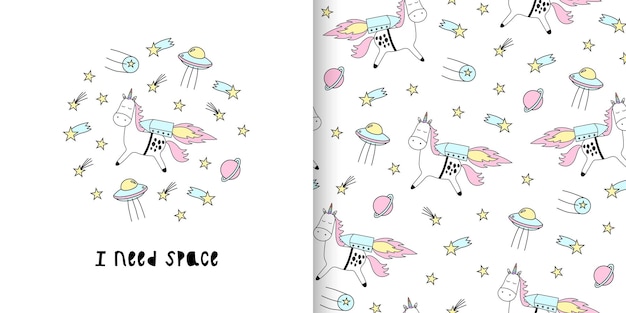 Illustration and seamless childish pattern with cute unicorn with stars and moon