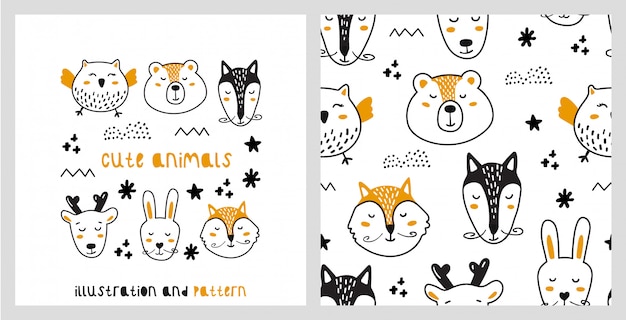 Illustration and seamless pattern with cute animals in scandinavian style.