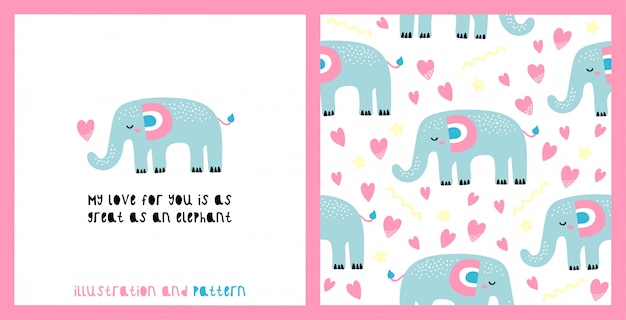 Illustration and seamless pattern with cute elephant