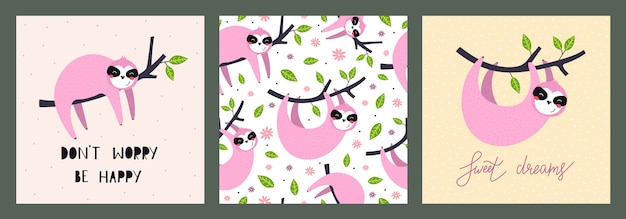 Illustration and seamless pattern with cute sloths