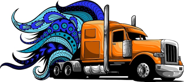 Vector illustration of semi truck with mandala ornaments