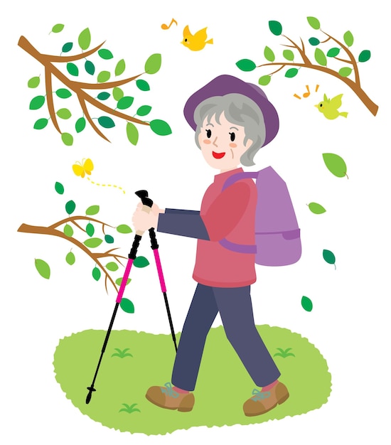 Illustration of the senior woman doing trekking.