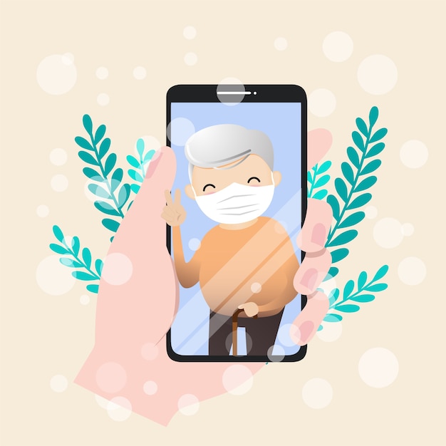 illustration of seniors character with smart phone. Seniors make video call to communicate in pandemic outbreak, illustration.