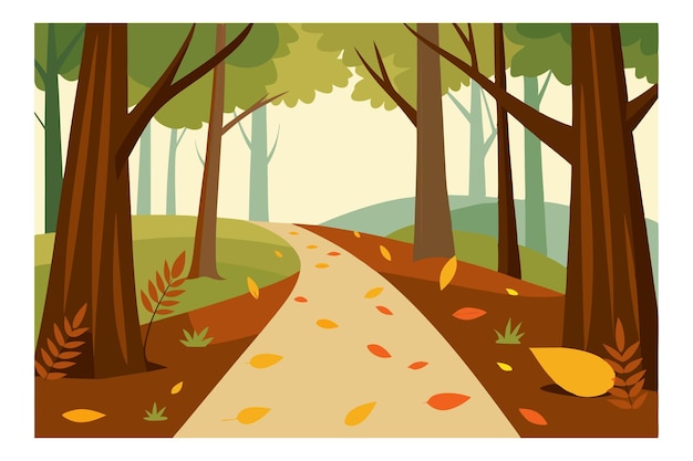 Vector illustration of a serene forest path in autumn with colorful falling leaves